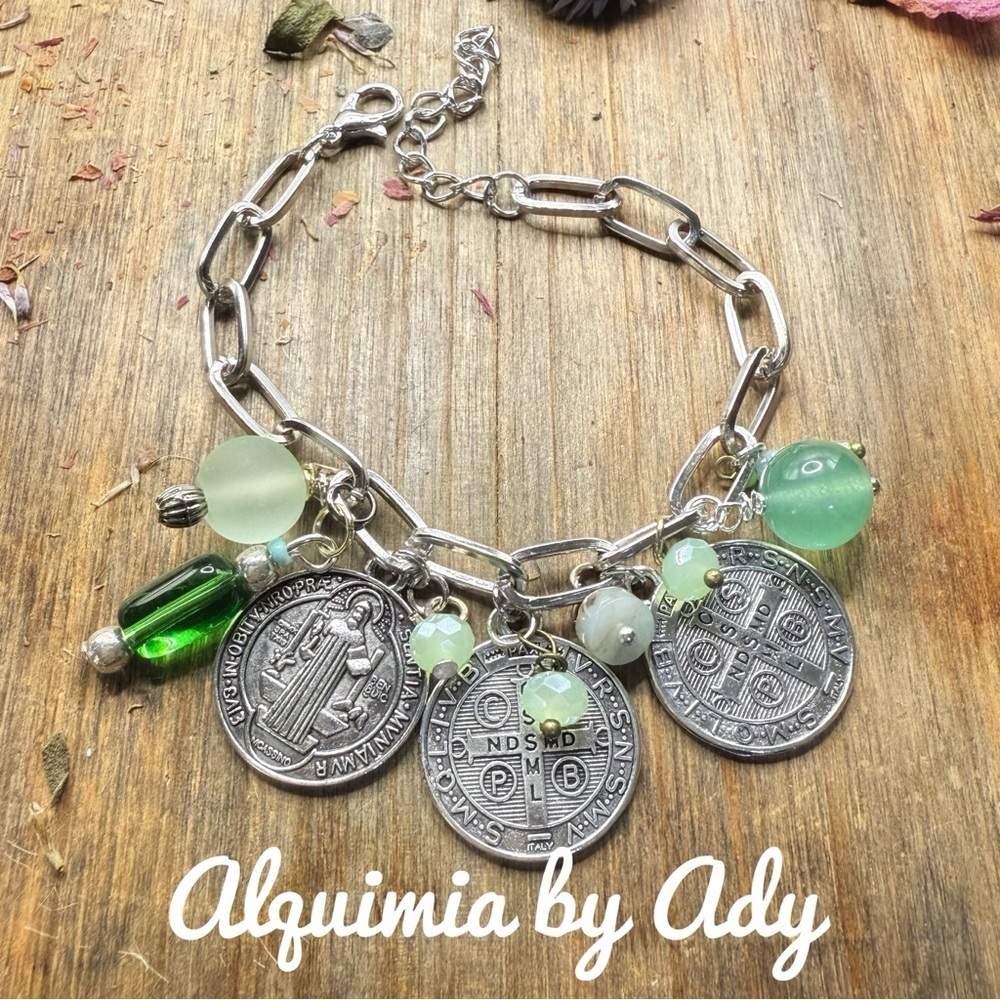 Green Aventurine and Saint Benedict medals charms eclectic bracelet